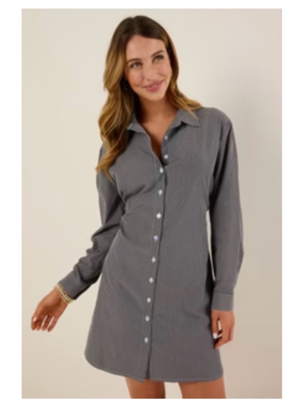Button-Down Mini Shirt Dress in Charcoal Pinstripe